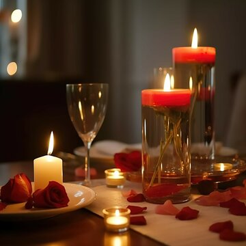 Valentines Day dinning table decoration with candle, generative AI