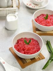 Bubur sagu mutiara, Indonesian dessert, made from sagu mutiara (pearls sago), coconut milk, sugar, pandanus leaves. Very famous during Ramadhan. Iftar food.