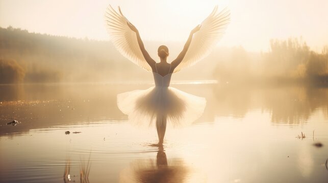 Female ballet dancer with swan wings dancing on swan lake in sunrise haze, prima ballerina assoluta dancing on swan lake among swans, ballet woman performer in white tutu dress, generative AI