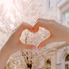 Spring in the City - Cherry blossom - Close-up of a young woman's hands forming the shape of a heart - Photo was taken standing on public ground