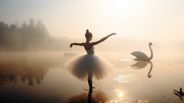 Female ballet dancer on swan lake in golden hour haze, prima ballerina assoluta dancing on swan lake among swans, smooth movements of ballet woman performer in white tutu dress, generative AI