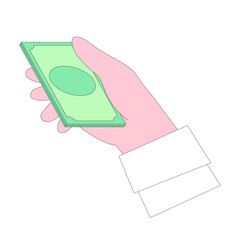 Hands gesture vector illustration. Character hand holding money, bundle of notes, cash, making donations, paying, counting, giving currency and other financial activity. Finance occupations concept.