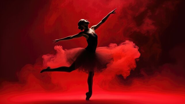 Female ballet dancer silhouette in red smoke on dark background, prima ballerina assoluta dancing on stage of theater, smooth movements of ballet woman performer in black red tutu dress, generative AI