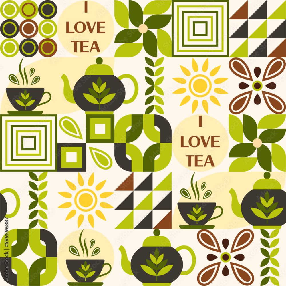 Aufkleber tea themed pattern with icons, design elements in simple geometric style. seamless background with a