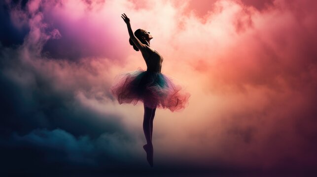 Female ballet dancer silhouette on dreamlike multicolored clouds background, prima ballerina assoluta dancing on stage of theater, beautiful smooth movements of ballet performer, generative AI
