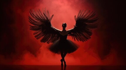 Female ballet dancer with black swan wings in black feathers tutu dress red smoke dark background, black swan ballet dancing, prima ballerina assoluta dancing on stage of theater, generative AI