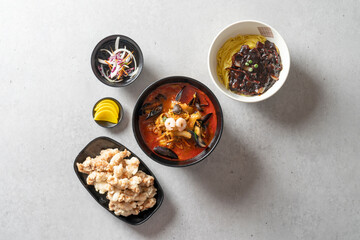 sweet and sour pork Korean food dish meal jajangmyeon, black-bean-sauce noodles jjamppong, Chinese-style noodles with vegetables and seafood fried dumpling fried rice Chinese fried rice