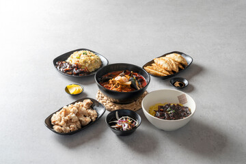 sweet and sour pork Korean food dish meal jajangmyeon, black-bean-sauce noodles jjamppong, Chinese-style noodles with vegetables and seafood fried dumpling fried rice Chinese fried rice