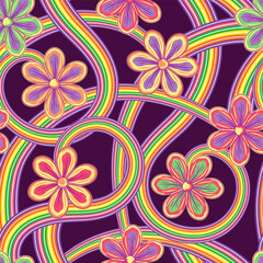 Pattern with fantasy chamomile flower, striped psychedelic waves, swirls. Bright neon fluorescent colors Good for apparel, fabric, textile, surface design. 1960s style retro background.