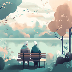 Senior Couple Enjoying Retirement: A serene flat illustration of a happy senior couple sitting on a bench, looking out at a scenic landscape and enjoying their retirement together. Generative AI.