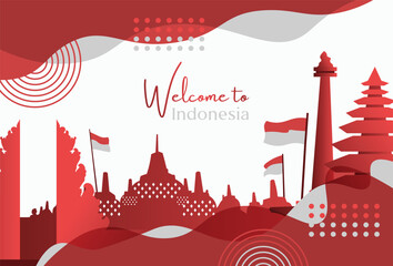 Welcome to indonesia Vector Background with Borobudur, national monument, and Bali