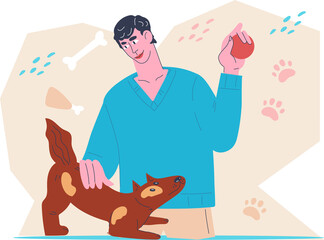 Owner and his dog or puppy playing together  or veterinary shop or pet clinic.