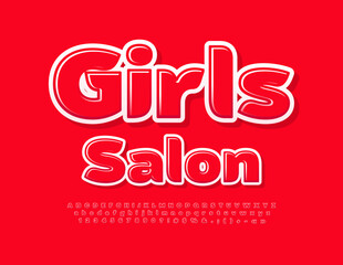 Vector glamour banner Girls Salon with stylish set of bright Alphabet Letters, Numbers and Symbols. Red chic Font