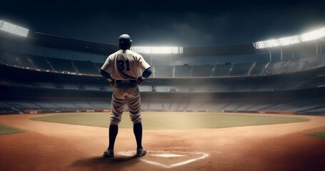 Wide banner with copyspace area featuring a baseball player standing ready in the middle of a baseball arena stadium