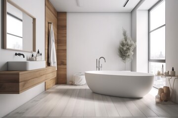 Naklejka na ściany i meble modern luxury white interior bathtub architecture bathroom wood house home indoor. Generative AI.