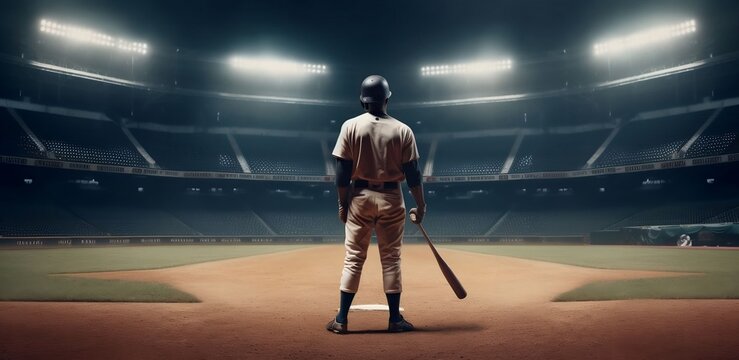 Wide banner with copyspace area featuring a baseball player standing ready in the middle of a baseball arena stadium