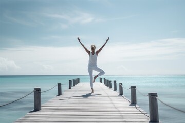 Fototapeta na wymiar woman young asana fitness sea summer white lifestyle ocean sport yoga. Generative AI.
