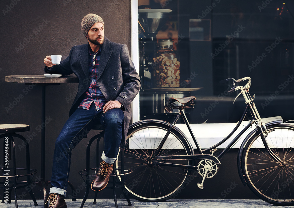 Sticker Thinking, cafe and man with a coffee, bicycle and relax with thoughts, wonder and eco friendly transport. Male person, biker and guy with tea, outdoor and travel with winter fashion and a cappuccino