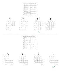 Two IQ abstract reasoning questions white color cubes. One main set and four given options