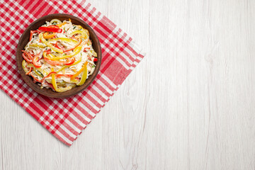 top view fresh chicken salad inside plate on white desk snack meat fresh salad meal