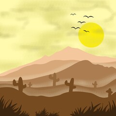 
Cartoon desert landscape with cactus plan, hills, sun and mountains silhouettes, nature vector background