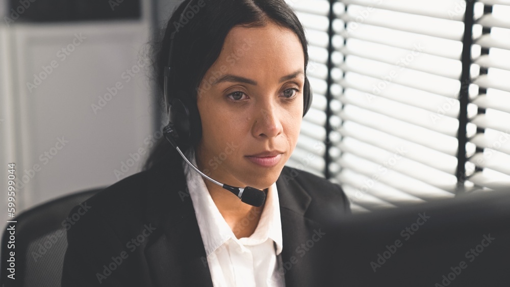 Aufkleber competent female operator working on computer and talking with clients. concept relevant to both cal