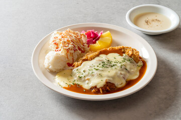 Korean food dish meal Shrimp Alio Olio Egg bacon cream pasta Egg bacon cream Homemade Tonkatsu Homemade Cheese Tonkatsu
