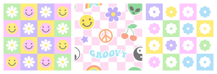 Colorful trendy checker board square seamless pattern collection. Set of geometric pastel square flower background in vintage psychedelic y2k style. Includes floral and happy face prints.