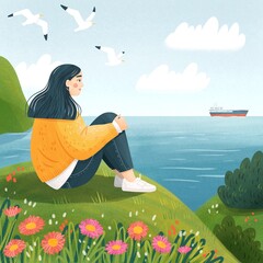 A girl sitting on the green hill and looking into the distance. Blue sea on the horizon. Seagulls flying on the sky. Peaceful landscape. © olga