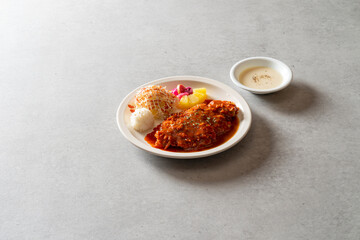 Homemade Spicy Tonkatsu Korean food dish meal beef steak Soy Garlic Bacon Fried Rice Kimchi Fried Rice