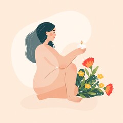 A woman sitting with a candle in her hands. Aroma candle fragrance surrounding her. Wellness lifestyle. Self care and happiness. 