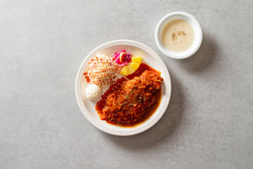 Homemade Spicy Tonkatsu Korean food dish meal beef steak Soy Garlic Bacon Fried Rice Kimchi Fried Rice