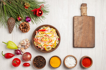 top view fresh chicken salad with seasonings on the white desk snack meat fresh salad meal