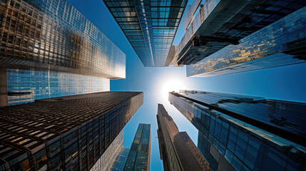Glass Giants: A Dizzying View of Skyscrapers Reaching the Sky. Generative AI