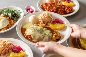 Korean food dish Omurice Lunch box kimchi fried rice Sori Garlic Bacon Fried Rice Tonkatsu 