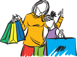 shopping woman mother mom and daughter having fun shopping bags vector illustration