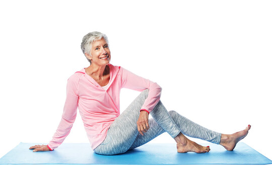 Yoga, portrait and senior woman isolated on transparent, png background for wellness, health and holistic training on floor. Relax, body and happy elderly person with pilates exercise or workout