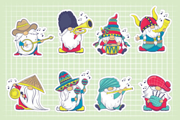 Obraz na płótnie Canvas Bundle of stickers with Gnomes Playing Instruments from Diverse Cultures