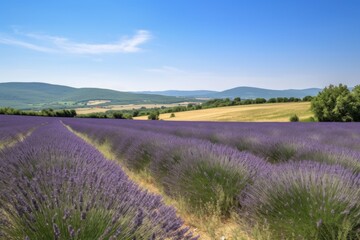 Fototapeta na wymiar lavender field with rolling hills and clear blue sky, created with generative ai