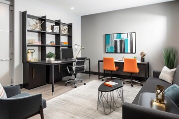 on-trend office with a sleek and modern design, featuring contemporary furniture and bold accents, created with generative ai