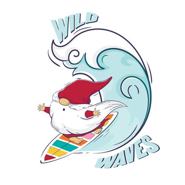 Hello summer cartoon cute gnome is surfing. Lettering wild waves.