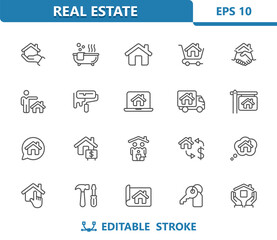 Real Estate Icons. House, Home, Bathroom, Home Improvement, Repair, Realtor, Tools, Key, Hand, Family, Household Vector Icon Set