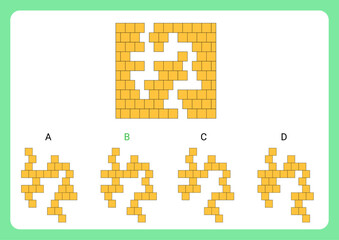 IQ abstract reasoning test with one main object a wall from where bricks are missing and four sets of building bricks at the bottom as given options. Option B is the correct answer.