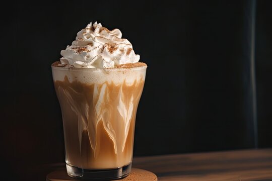 iced coffee latte with a dusting of cinnamon and whipped cream on top, created with generative ai