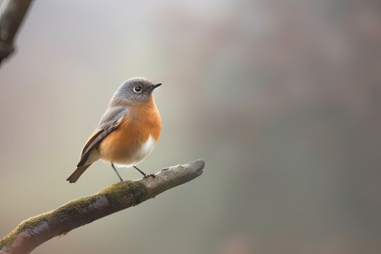 redstart bird on branch, with view of misty woodland, created with generative ai