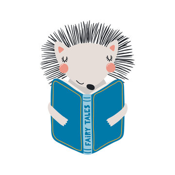 Cute funny hedgehog reading book cartoon character illustration. Hand drawn Scandinavian style flat design, isolated vector. Kids print element, book lover, education, literature, library, bookstore