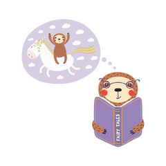 Fototapeta premium Cute funny sloth reading book cartoon character illustration. Hand drawn Scandinavian style flat design, isolated vector. Kids print element, book lover, education, literature, library, bookstore