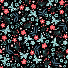 Spring seamless pattern on multi colored flowers background. Flowers, leaves, twigs and butterfly