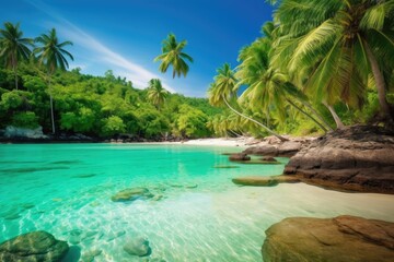 Naklejka na ściany i meble tropical beach surrounded by palm trees and crystal clear water, created with generative ai