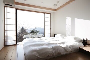 japanese-inspired bedroom, with minimalist design and crisp white linens, created with generative ai